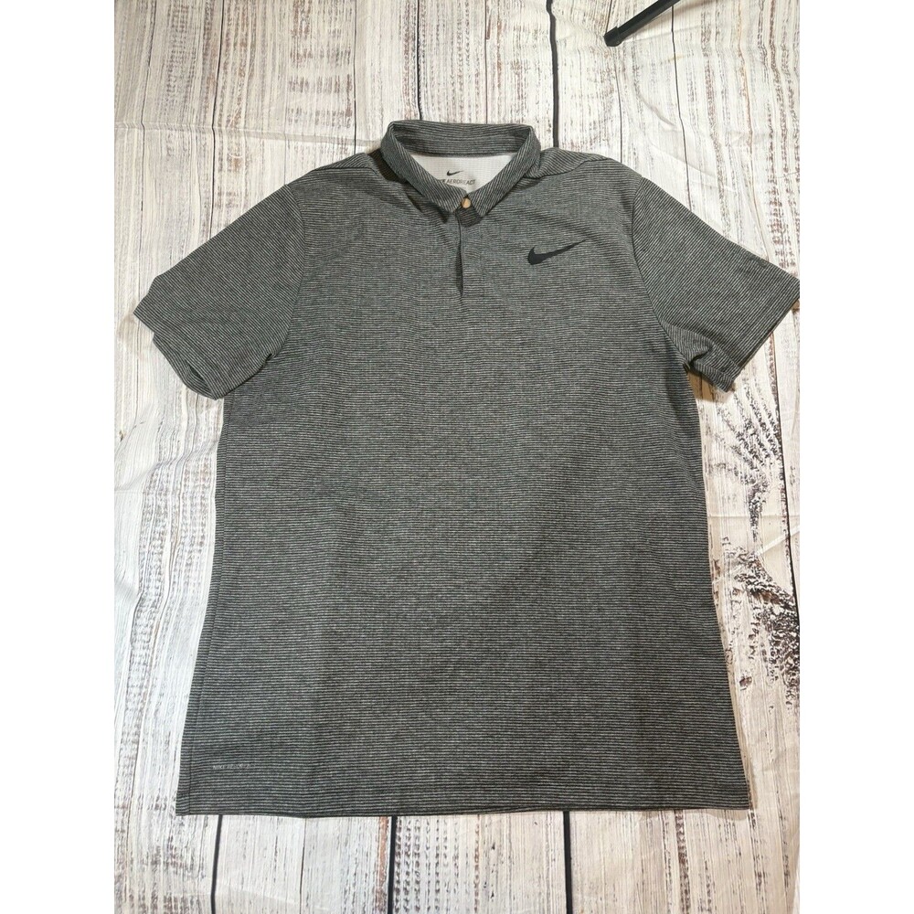 Nike Golf Polo Shirt Mens L Aeroreact Short Sleeve Snap Button Gray Striped